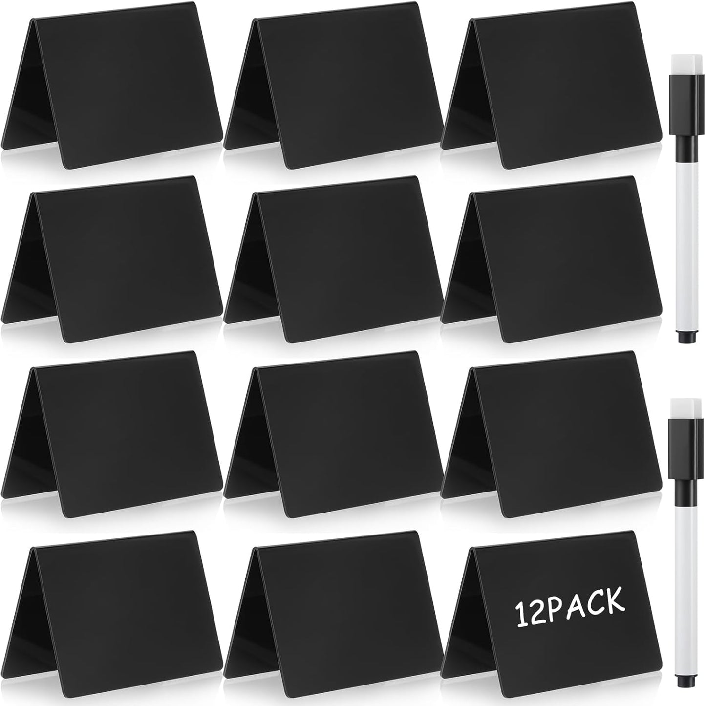 Outus 12 Pcs 4 x 3 Inches Buffet Food Labels Mini Small Chalkboard Signs White Acrylic Food Markers Little Price Signs with 2 Pcs Erasable Marker for Wedding Birthday Bakery Table Display