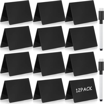 Outus 12 Pcs 4 x 3 Inches Buffet Food Labels Mini Small Chalkboard Signs White Acrylic Food Markers Little Price Signs with 2 Pcs Erasable Marker for Wedding Birthday Bakery Table Display