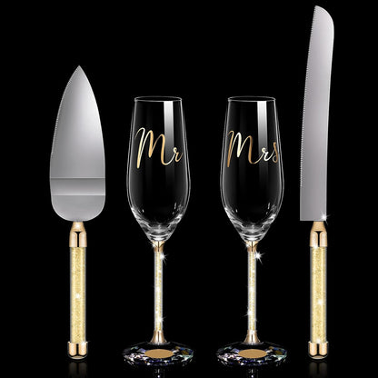Boao 4 Piece Wedding Cake Knife and Champagne Flutes Server Set Mr and Mrs Toasting Flutes Crystal Rhinestone Cake Cutting Set for Bride and Groom Wedding Engagement Bridal Shower Gifts(Silver)