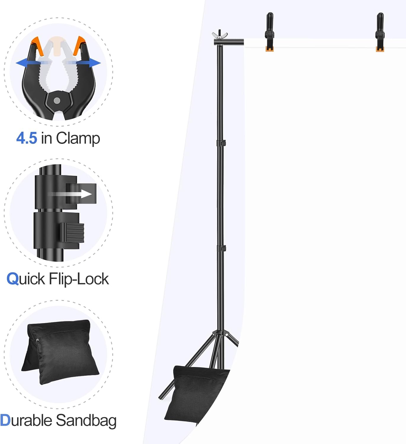 EMART Backdrop Stand 10x7ft(WxH) Photo Studio Adjustable Background Stand Support kit with 2 Crossbars, 8 Clamps, 2 Sandbags and Carry Bag for Parties, Events Decoration, Wedding, Photography -White