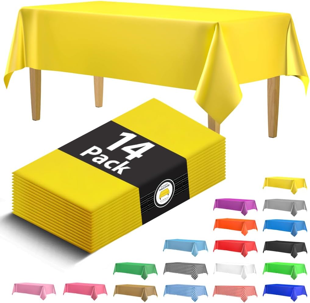 14 Pack Black 54 x 108 in. Rectangle Disposable Plastic Tablecloths - Smooth Decorative Covers for Parties, Weddings