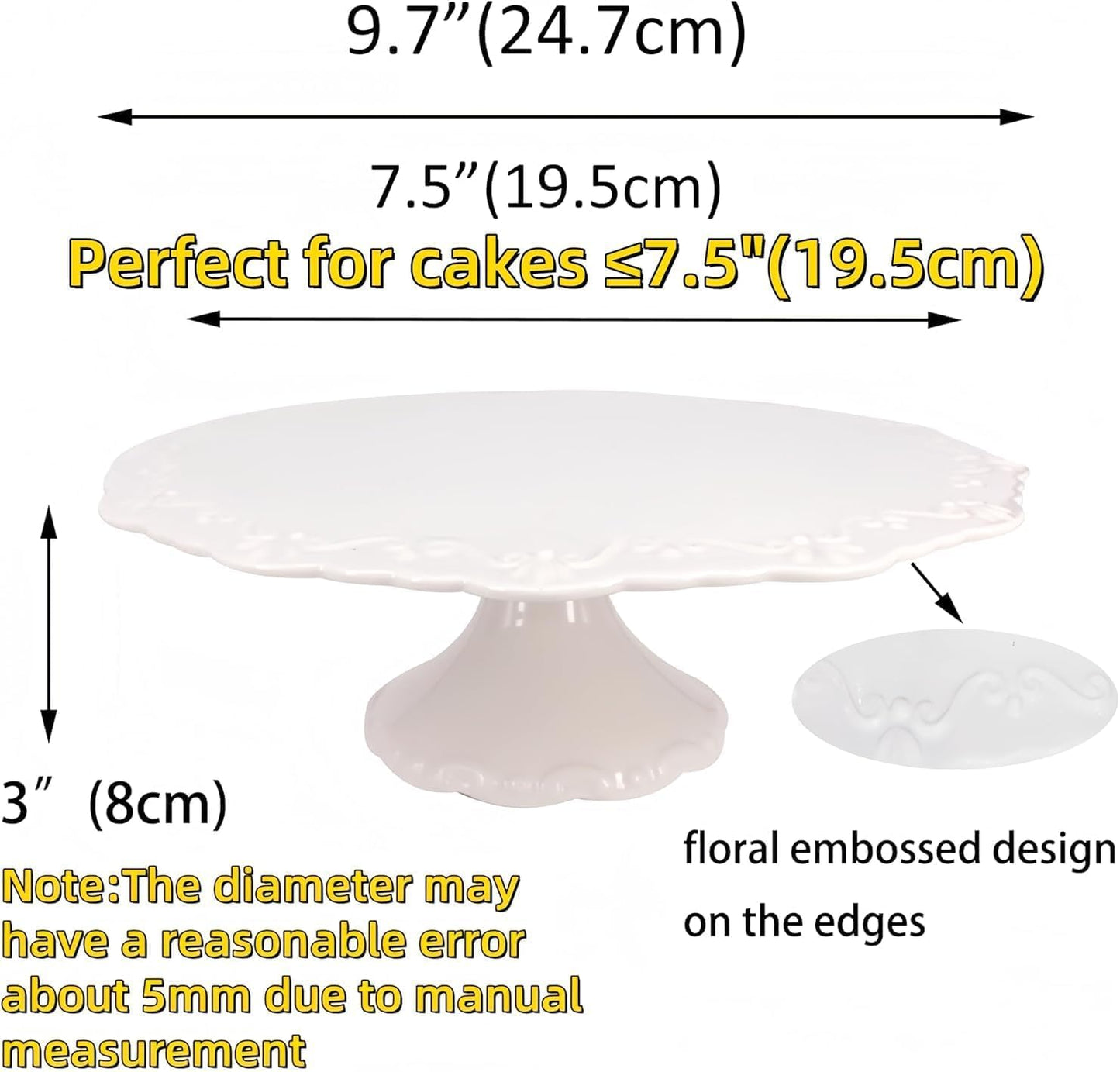 10 Inch White Ceramic Cake Stand (Holds 10 Inch Cake), Decorative Cupcake Stand, Dessert Display Plates for Snacks and Cookies, Baby Shower, Birthday, Wedding Party Decor