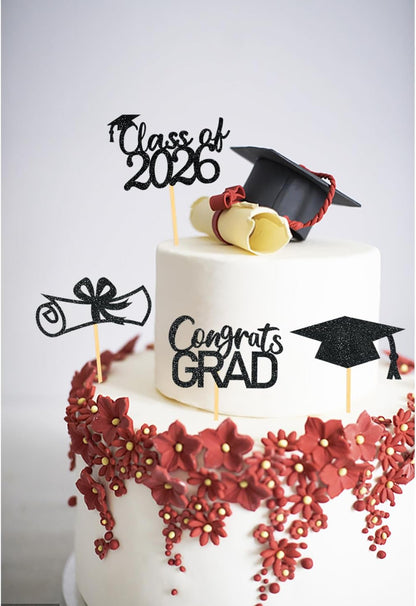 2026 Graduation Theme Cupcake Toppers Glitter Class of 2026 Graduation Cap Diploma Cupcake Picks - Set of 24 (Gold)