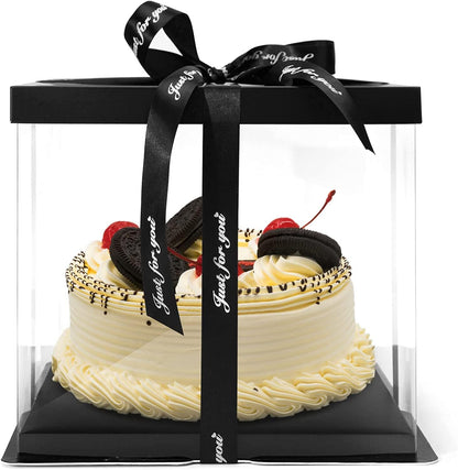 4 Pack Clear Cake Box Carrier 10" X 10" X 9" Cake Packaging Container with Ribbon Transparent Boxes with Lid Gift Package for Birthday Wedding Party, Black