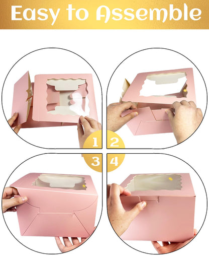 qiqee 10x10x5 Cake Box, 4 Sets Pink Cake Box with Window ＆ 4 Sets 10" Pink Cake Round Boards, 10inch Cake Containers