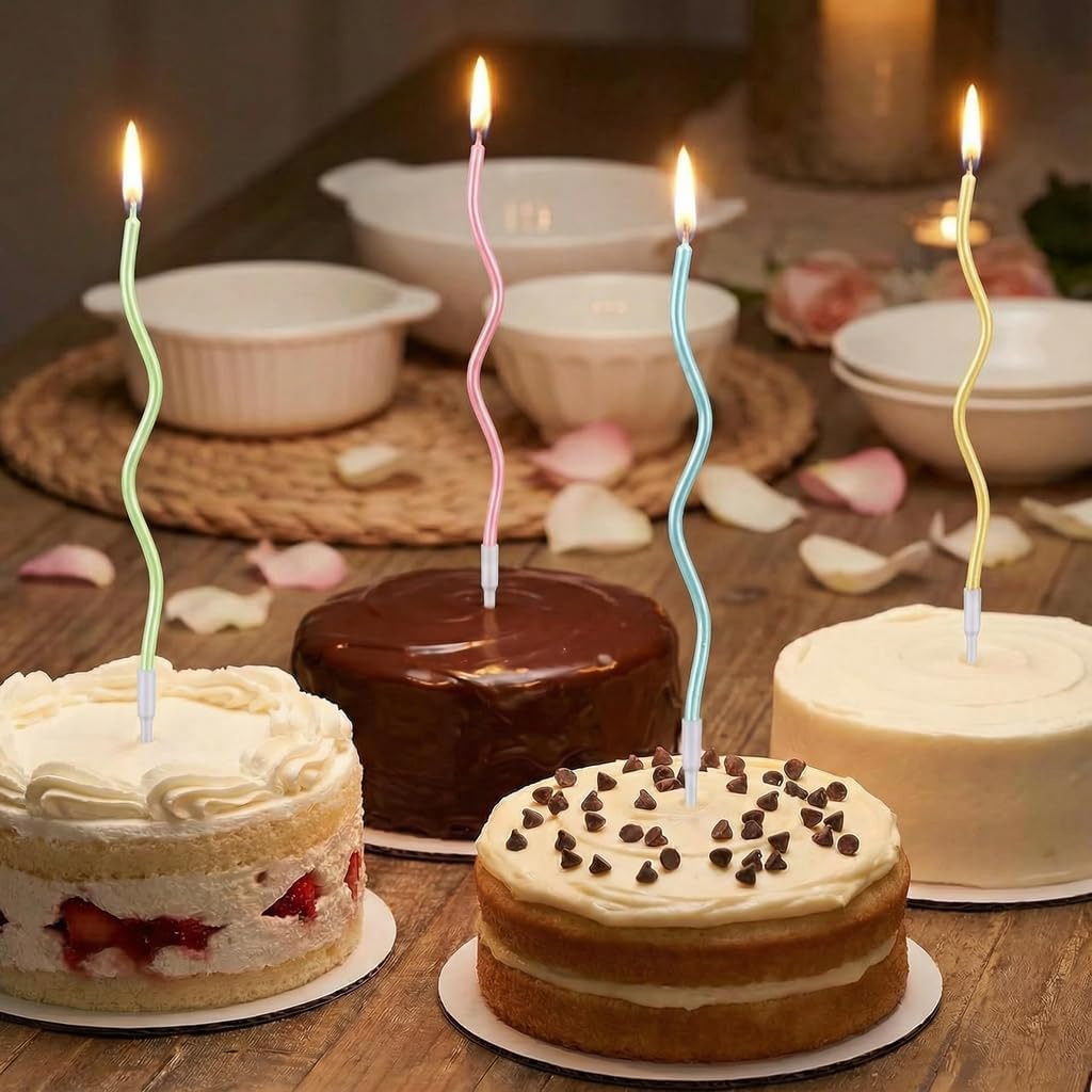 12-Count Spiral Birthday Candles, Long Twisty Gold Party Candles with Candle Holders, Long Burning for Weddings, Birthdays, Party Decorations, Cupcakes, Anniversary and Meetups (Gold)