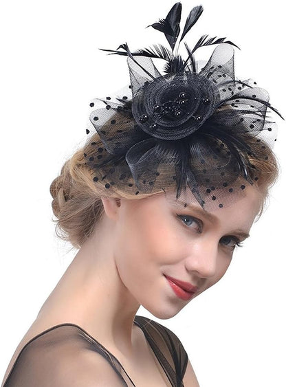 DRESHOW Fascinators Hat Flower Mesh Ribbons Feathers on a Headband and a Clip Tea Party Headwear for Girls and Women - Colors A