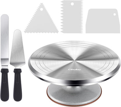 Cake Turntable, Ohuhu Aluminium 12'' Cake Decorating Kit Supplies Rotating Stand Revolving Spinner with 2 Icing Spatula 3 Comb Smoother