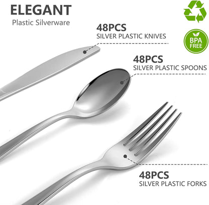 144 Pack Gold Premium Heavy Duty Plastic Silverware, 48 Forks, 48 Spoons, 48 Knives, For Catering, Parties, Dinners and Weddings, BPA-Free, Disposable Plastic Cutlery Set Utensils Set