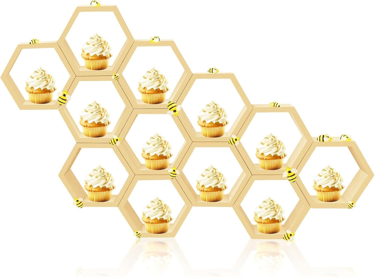 8 Pcs 4.13 Inch Honeycomb Cupcake Stand Cake Farmhouse Hexagon Display Holder Hexagonal Wood Cupcake Stand Floating Table Sign with Wooden Bee for Wedding Baby Shower Birthday Party Table Decorations