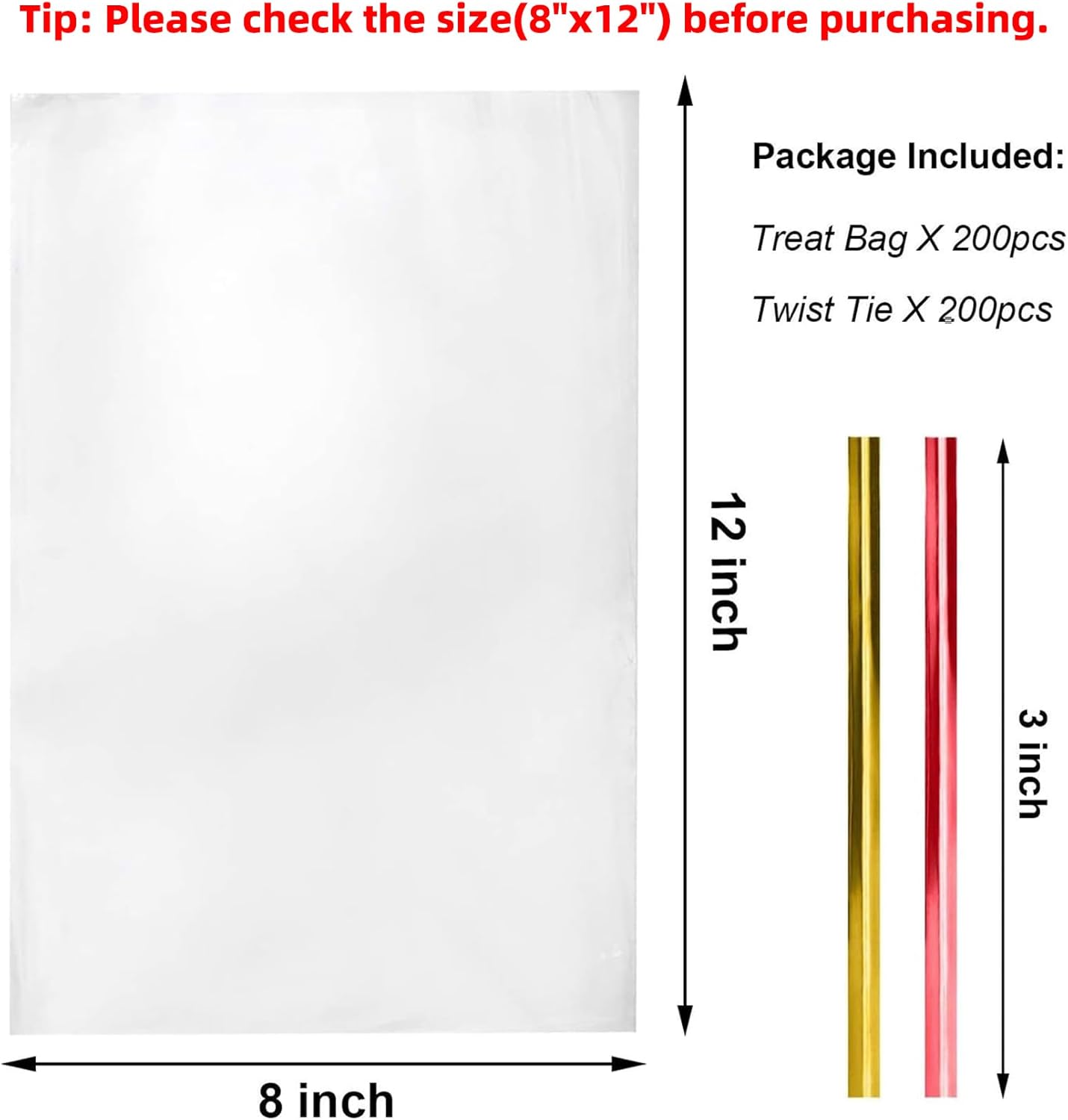 Cello Cellophane Treat Bags,5x7 Inches Clear Cellophane Bags 200 Pcs OPP Plastic Treat Bags with 200 Twist Ties for Gift Wrapping,Packaging Candies,Dessert,Bakery, Cookies, Chocolate,Party Favor