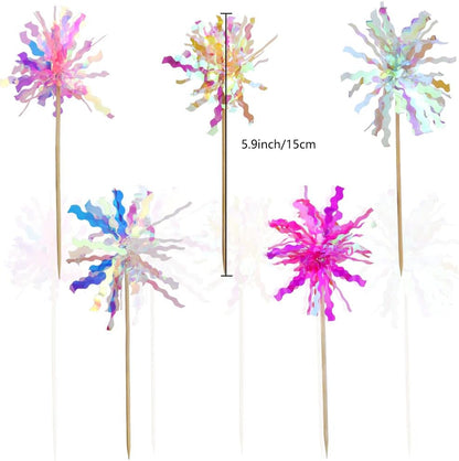 JOGILBOY 10 Pcs Happy Birthday Cake Toppers Foil Firework Cupcake Toppers Sparkle Tinsel Drink Stirrers Flowers Cake Decoration Cocktail Food Fruit Toothpick for Cake Decoration Party Supplies