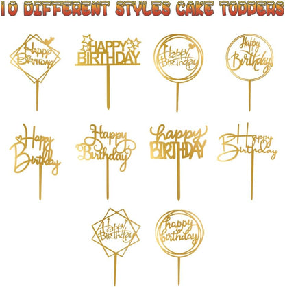 10-Pack Happy Birthday Cake Toppers,Gold Cake Toppers Acrylic Birthday Cake Supplies,4inchx6inch (Gold)