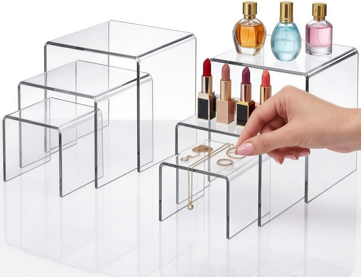 Fixwal 10pcs 2 Set Acrylic Risers for Display Clear Perfume Organizer Stands Acrylic Display Risers for Show Figures, Cupcake, Jewelry, Toys, Perfume and More (Large Size)