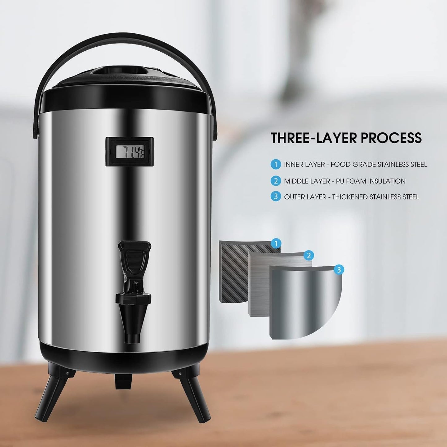 Hot Beverage Dispenser, Stainless Steel Insulated Beverage Dispenser Cold and Hot Drink dispenser with Thermometer– 12 Liters Water Dispenser with Spigot
