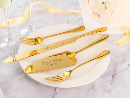 Wedding Cake Knife and Server Set, Mr and Mrs Champagne Flutes & Forks with Giftable Box, Cake Cutting Set for Wedding Engagement Bridal Shower Gifts (Silver)