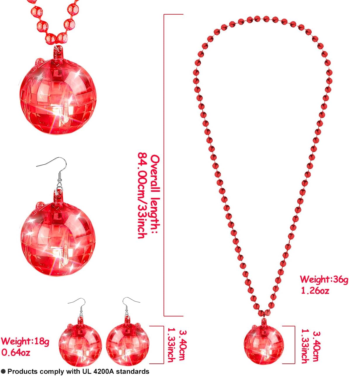 JICASTO LED Disco Ball Earrings and Necklaces, 2 Pcs 70s 80s Light up Disco Ball Set for Disco Party Favors Dance Accessories Women Halloween Costume