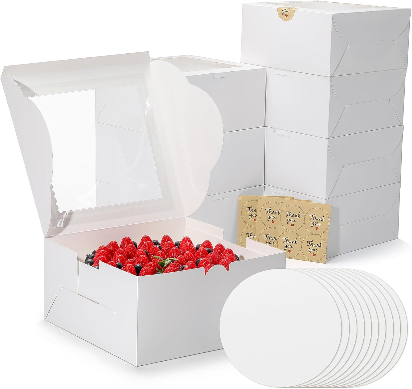 4pcs 6 Inch Cake Boxes with Sticks and Boards for Cookies, Small Cakes, Mini Desserts, Bento, and Bakery, Cupcake Box for Birthday, Party, Wedding, Mother's Day, Christmas（6x6x5 inch）