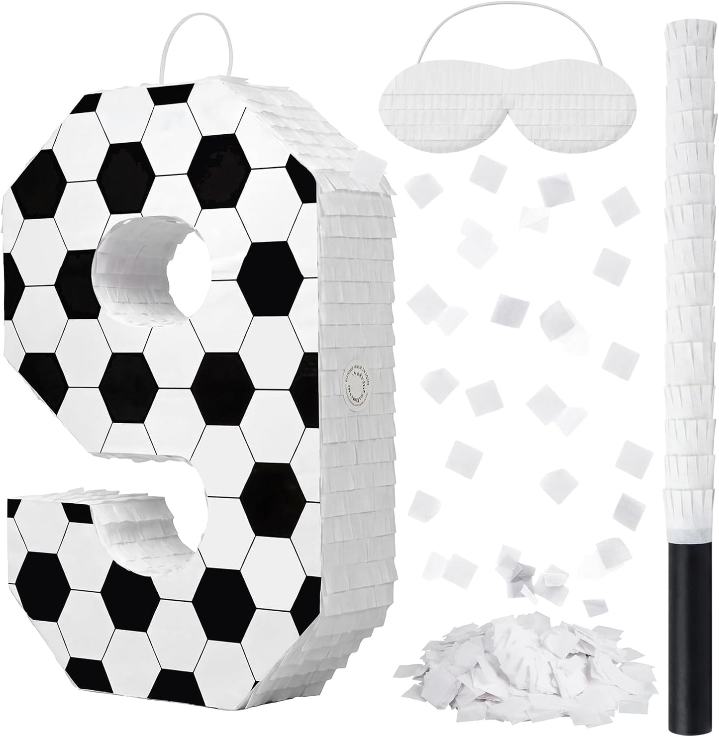 Gemscream Number 9 Soccer Piñata Bundle with Blindfold and Stick Small Piñata Party Decoration for Mexican Fiesta Cinco De Mayo School Anniversary Football Party Celebration Gift 15.75 x 11 x 2.8 in