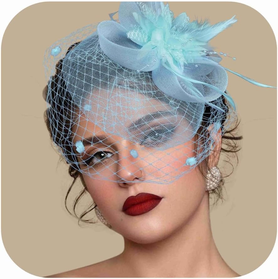 Fascinators Hats for Women Tea Party Hat Feather Mesh Headband Vintage Lace Cocktail Headwear Veil Hair Clip Church