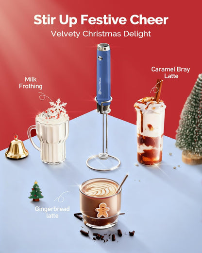 Maestri House Rechargeable Milk Frother with Stand, LunaFro Handheld Electric Foam Maker Waterproof Detachable Stainless Steel Whisk Drink Mixer Foamer for Lattes, Cappuccino