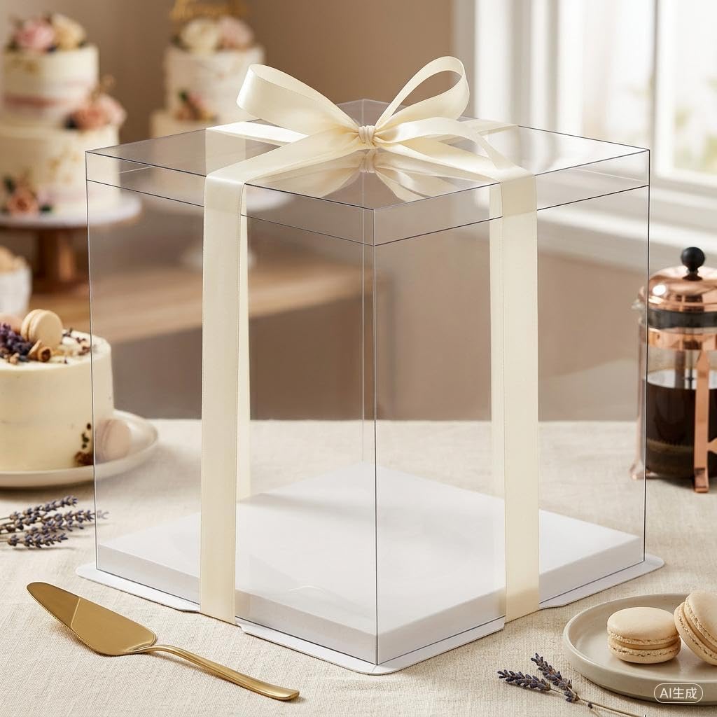 5-Pack 12-Inch Large Square Cake Box (12'x12'x11' inch) | Elegant Clear Display with Silk Ribbon Grand Gift Presentation for Tiered Cakes, Special Occasions, and Weddings