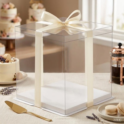 5-Pack 12-Inch Large Square Cake Box (12'x12'x11' inch) | Elegant Clear Display with Silk Ribbon Grand Gift Presentation for Tiered Cakes, Special Occasions, and Weddings