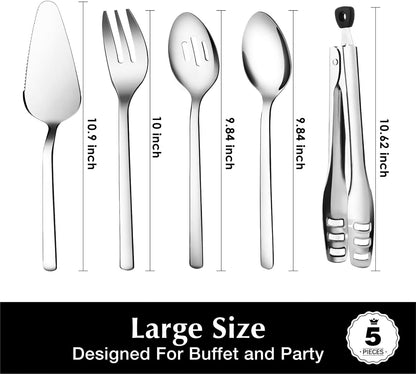 KINGSTONE Large Hostess Serving Utensils Set, 18/10 Stainless Steel Heavy Duty 10-inch Serving Utensils, Slotted Spoons, Forks, Tongs, Cake Pie Server for Buffet, Wedding, Party
