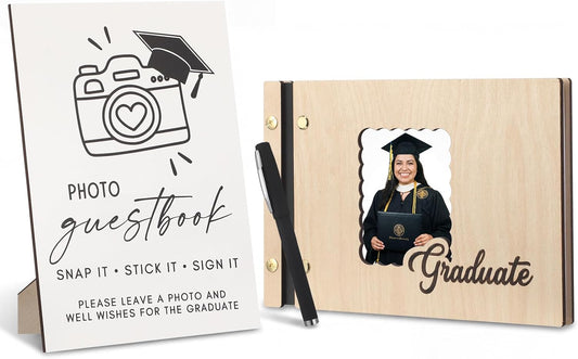 Marspark Graduation Guest Book Set 16 x 9" 90 Pages Wooden Scrapbook Photo Album Photo Guest Book Sign with Pen Graduation Memory for College Gift Congratulations Grad Party Decorations