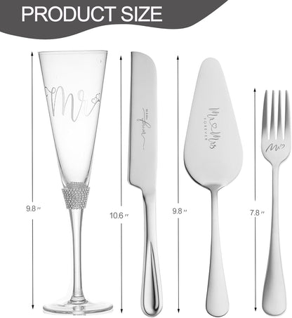 Wedding Cake Knife and Server Set, Bride and Groom Champagne Glasses and Gold Cake Cutting Set for Wedding, Cake Cutter and Champagne Flutes Glass for Mr and Mrs Gifts for Coples (Gold)