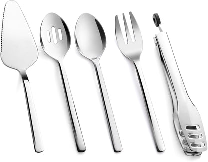 KINGSTONE Large Hostess Serving Utensils Set, 18/10 Stainless Steel Heavy Duty 10-inch Serving Utensils, Slotted Spoons, Forks, Tongs, Cake Pie Server for Buffet, Wedding, Party