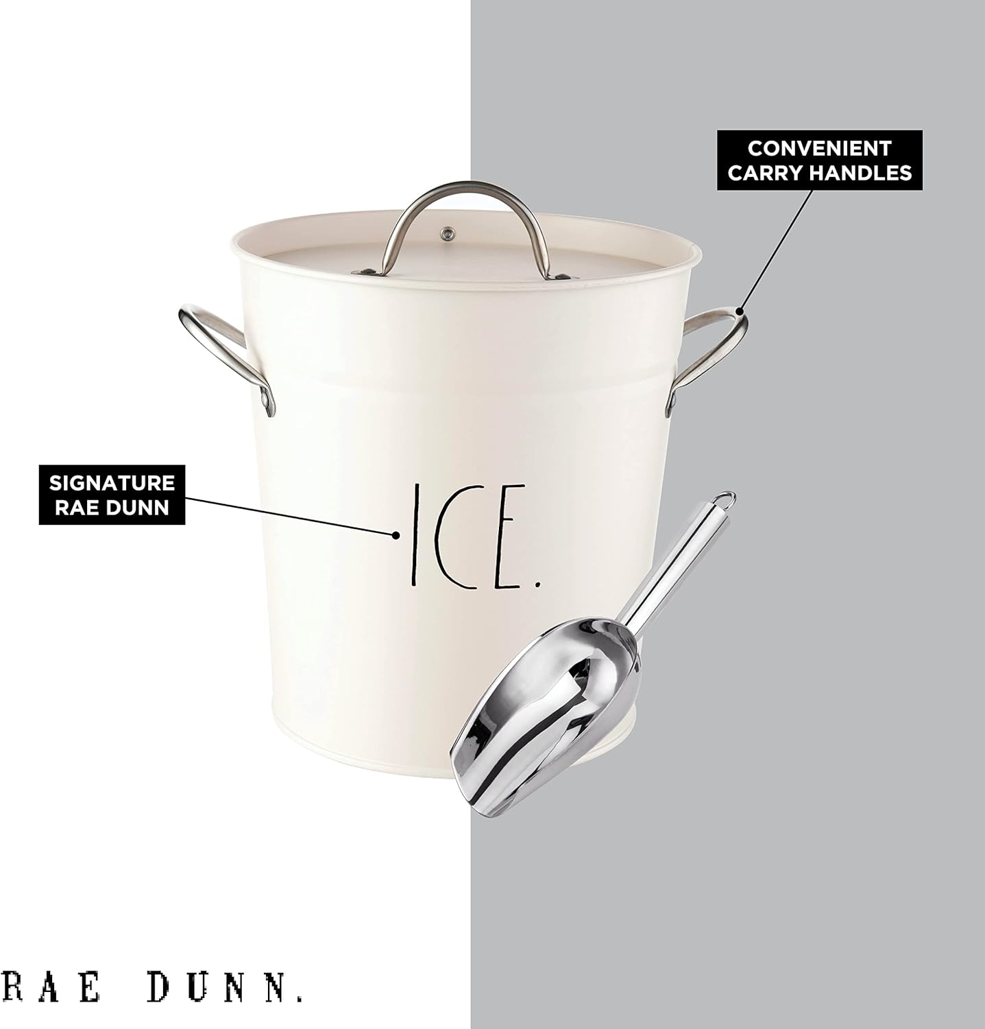 Rae Dunn Ice Bucket with Scoop - Stainless Steel Bucket with Handle, Lid and Ice Scooper - 4 Qt. Storage Bin for Ice Cubes for Bars, Parties, Backyard Barbeques, Picnics, and Camping (Sage)