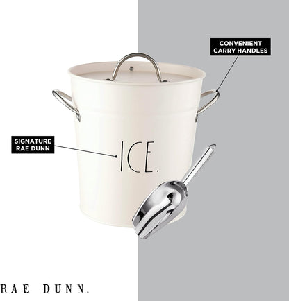 Rae Dunn Ice Bucket with Scoop - Stainless Steel Bucket with Handle, Lid and Ice Scooper - 4 Qt. Storage Bin for Ice Cubes for Bars, Parties, Backyard Barbeques, Picnics, and Camping (Sage)