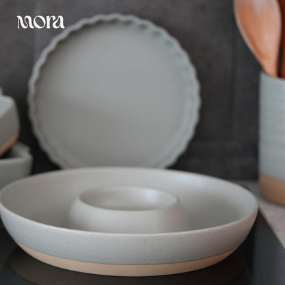 Mora Ceramic Chips and Dip Serving Tray: Large Divided Party Bowl Set for Chips & Salsa, Veggies & Dip, Fruit, Snacks, Entertaining, Hosting, etc. Minimalist Design for the Modern Hostess - White