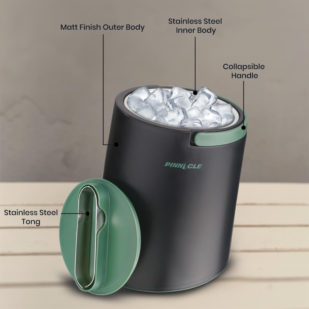 PINNACLE Insulated ice bucket for parties with Tong that fit into Lid - Stainless Steel ice bucket for cocktail bar with Collapsible Handles for indoor/outdoor bar, BPA Free (blue)