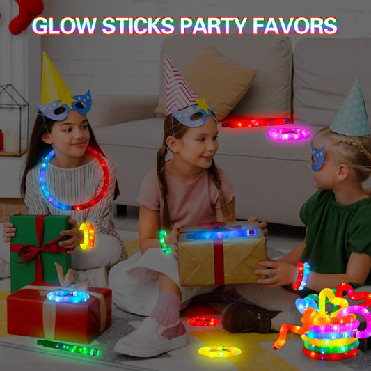 Siwarm 24 Pcs Glow Sticks Toys for Kids, LED Light Up Pop Tubes/Bracelet Party Favors for Kids,Glow in The Dark Party Supplies, Birthday Gifts Xmas Stocking Goodie Bags Stuffers Boys Girls