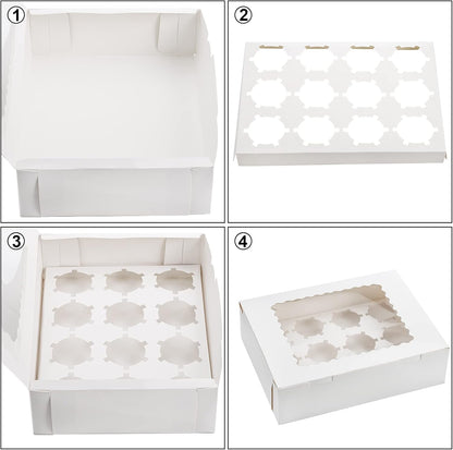 Jucoan 20 Pack Cupcake Boxes 12 Counts White Paper Cupcake Container with Inserts and Window, Bakery Container Dozen Cupcake Carrier Boxes for Muffins, Cookies, Pastry