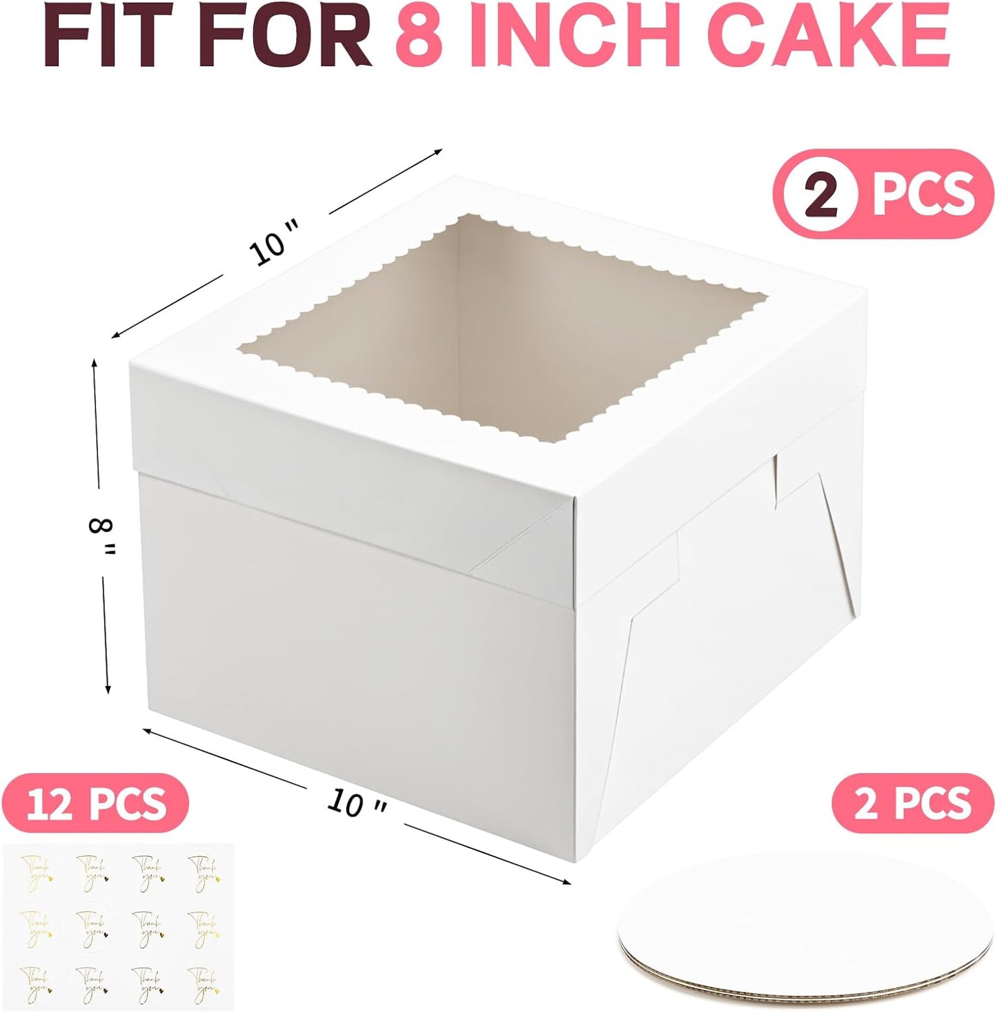 ZORRITA 2 Pack Cake Boxes, 10 x 10 x 8 Inches Tall Cake Boxes with Cake Boards, Disposable Cake Containers with Lids and Window for Wedding, Birthday, Party