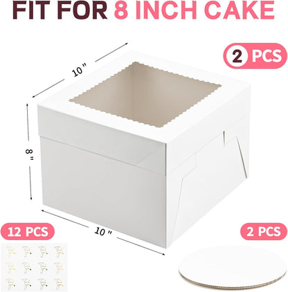 ZORRITA 2 Pack Cake Boxes, 10 x 10 x 8 Inches Tall Cake Boxes with Cake Boards, Disposable Cake Containers with Lids and Window for Wedding, Birthday, Party