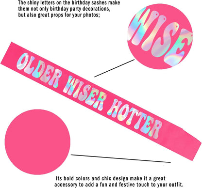 Older Wiser Hotter Sash with Iridescent Foil, Hot Pink Funny Birthday Sash for Women 30th 40th 50th 60th 70th 80th Birthday Party Decorations Sign Gift(Hot Pink + Iridescent )