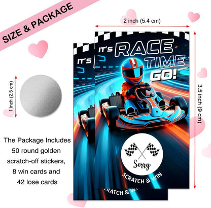 50 Pcs It's Race Time Go Scratch off Game Cards, Funny Racing Party Scratch Cards, Karting Theme Birthday for Teens Adults, Racing Lottery Prize Raffle Tickets, Birthday Game Supplies