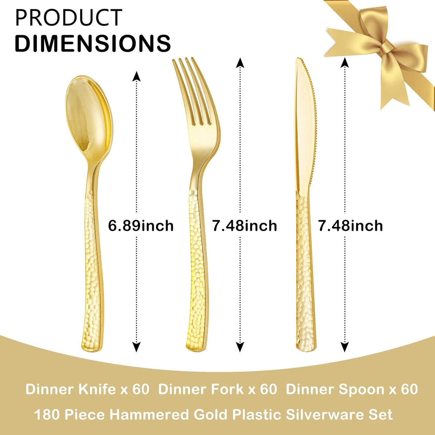 Supernal 180Pcs Silver Plastic Silverware Set, Elegant Hammered Design Heavy Duty Disposable Cutlery, Includes 60 Forks, 60 Knives, 60 Spoons,Silver Plastic Utensils for Wedding, Parties,Events
