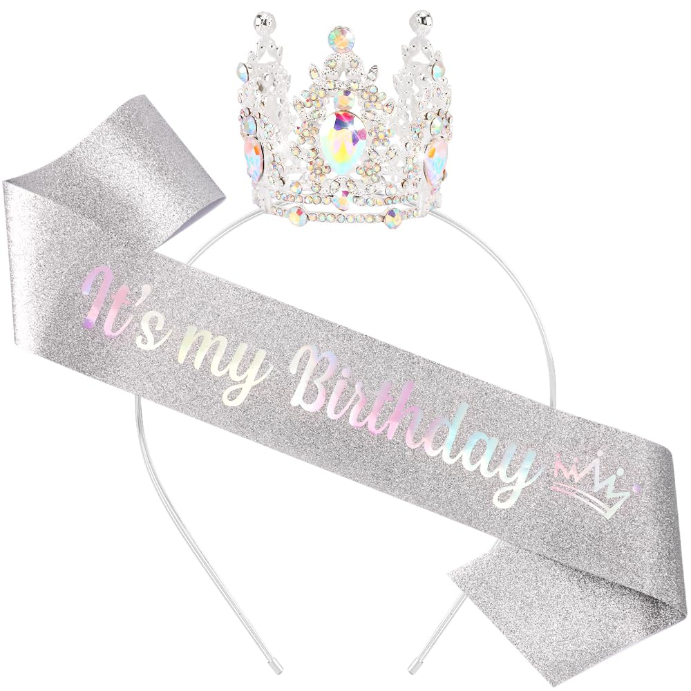 AOPRIE Birthday Crown for Women with Sash Gold White Happy Birthday Tiara for Women Girl Headband Princess Crown Rhinestone Accessories