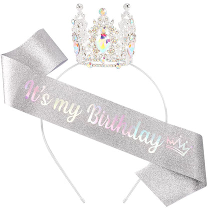 AOPRIE Birthday Crown for Women with Sash Gold White Happy Birthday Tiara for Women Girl Headband Princess Crown Rhinestone Accessories
