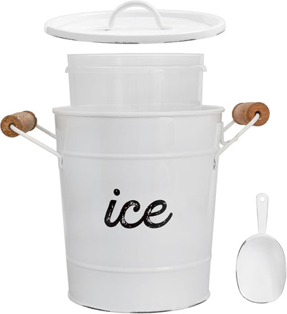 AuldHome Design Rustic Enamelware Ice Bucket; White Farmhouse Style Insulated Ice Server