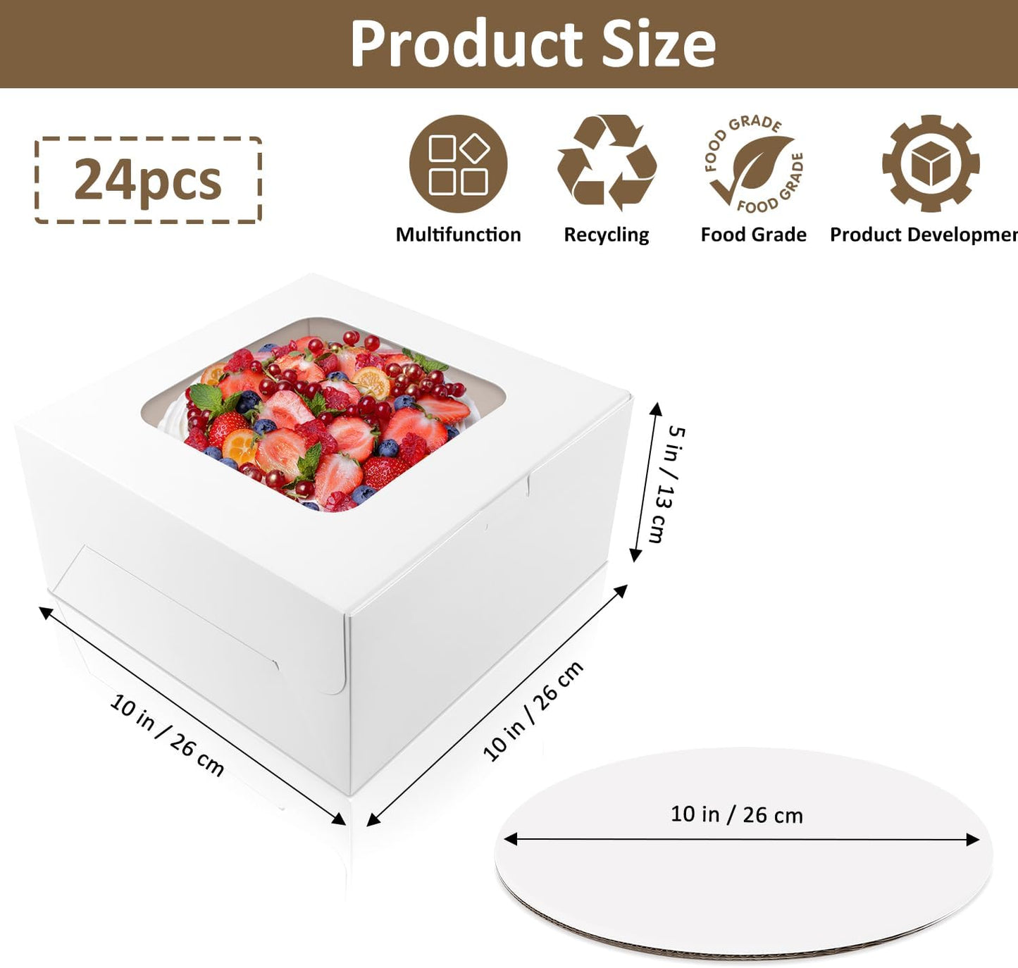 Moretoes 15 Sets Cake Boxes, 10x10x5 Inches Bakery Boxes with Cake Boards, 10 Inch with Stickers Disposable Cake Containers with Lids for Valentine's Day Mother's Day Cheesecake, Cakes