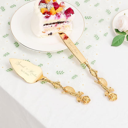 Cake Cutting Set for Wedding, Personalized Gold Cake Knife and Server Set, Custom Cake Serving Set, Engraved Pastry Pie Server Cake Pizza Cutter, Birthday Bridal Gift (F-Classic)