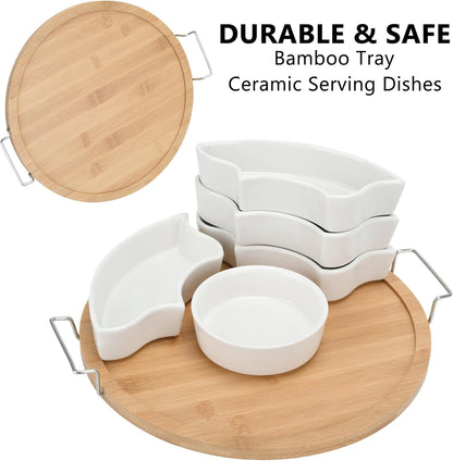 Chip and Dip Serving Set, Serving Platters, 11 inch Ceramic Appetizer Serving Tray, Porcelain Divided Serving Dishes, 6-Compartment Removable Appetizer Snack Dishes, Serving Platters and Trays