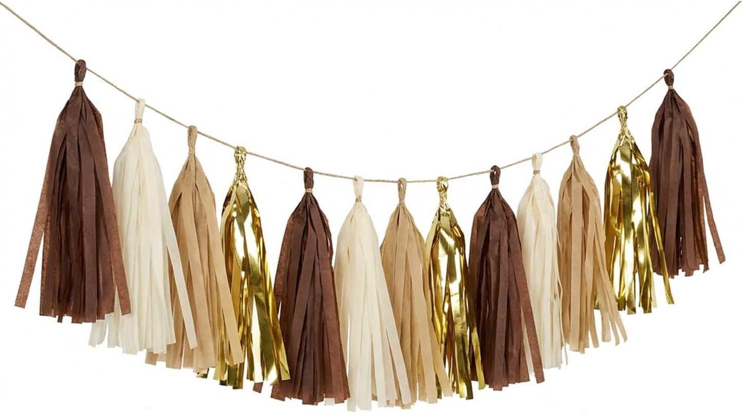 20-Pack Brown and Gold Party Decorations Tissue Tassel Garland Beige Nude Bunting Sign Streamers for Rustic Neutral Espresso Baby Shower Western Cowboy Birthday Graduation Bachelorette Wedding