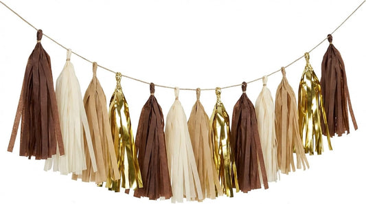 20-Pack Brown and Gold Party Decorations Tissue Tassel Garland Beige Nude Bunting Sign Streamers for Rustic Neutral Espresso Baby Shower Western Cowboy Birthday Graduation Bachelorette Wedding